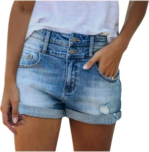 Black Denim Shorts for Women High Waisted Stretch Cute Ripped Vintage Jean Shorts Plain Color Rolled Up Hem Slim Shorts Summer Shorts for Teen Girls