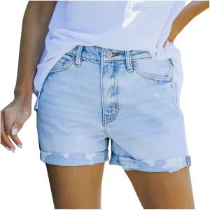 Casual Women's High Waisted Jean Shorts Rolled Hem Distressed Jeans Teen Girls Ripped Stretchy Bermuda Denim Shorts