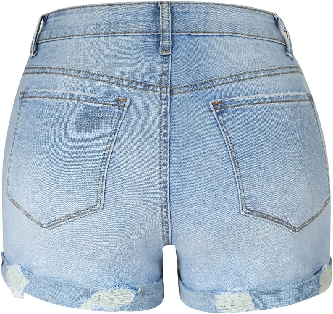 Casual Women's High Waisted Jean Shorts Rolled Hem Distressed Jeans Teen Girls Ripped Stretchy Bermuda Denim Shorts