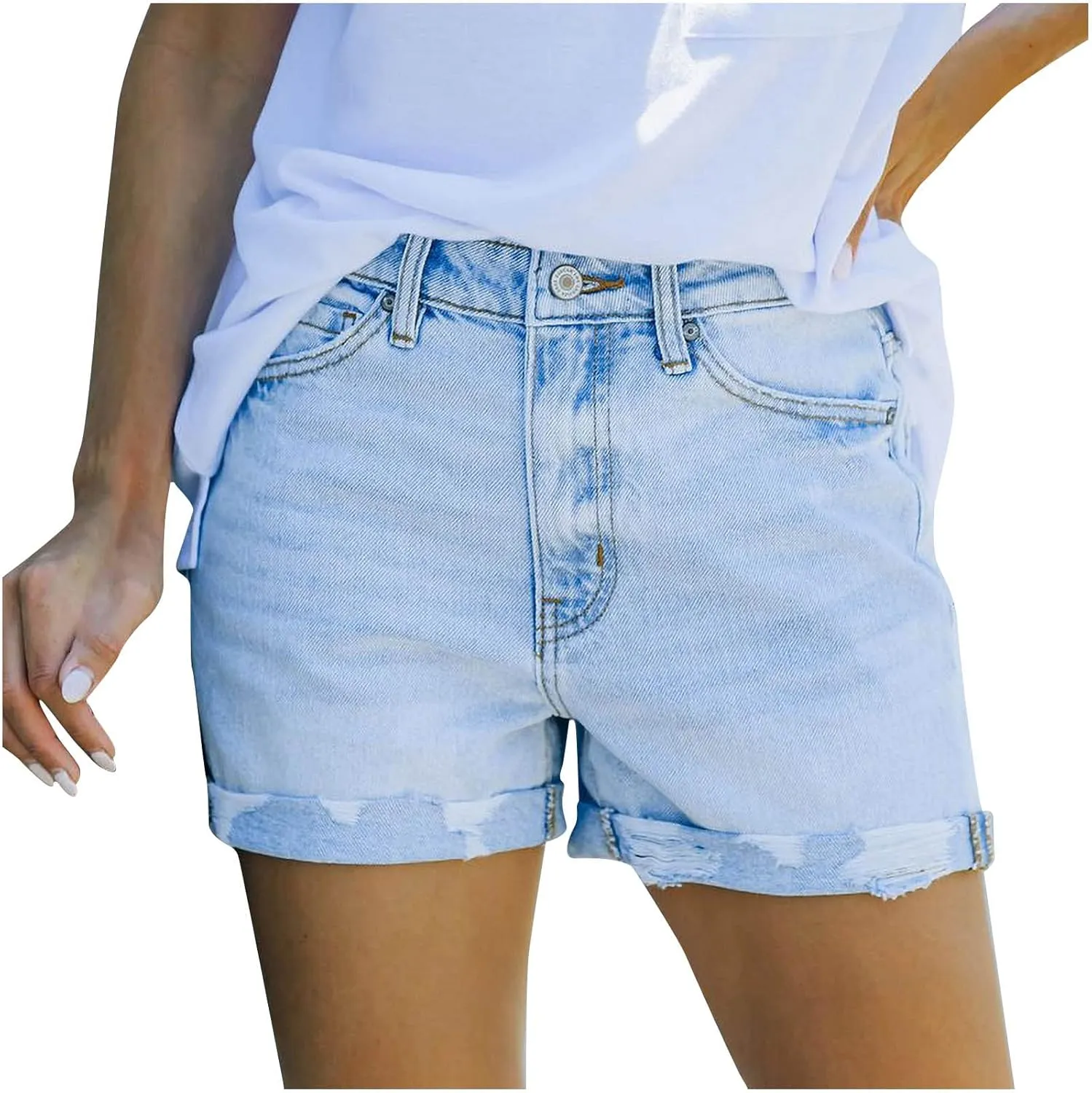 Casual Women's High Waisted Jean Shorts Rolled Hem Distressed Jeans Teen Girls Ripped Stretchy Bermuda Denim Shorts