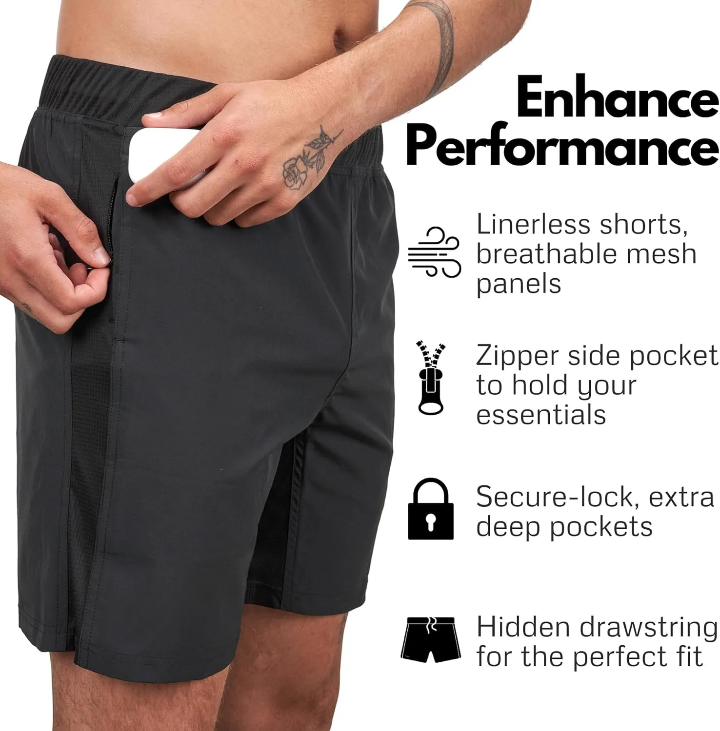 CompressionZ Men's Linerless Gym Shorts Secure Lock Pockets Quick Dry Mens Shorts Athletic Fit - Athletic Dri Fit Mens Shorts