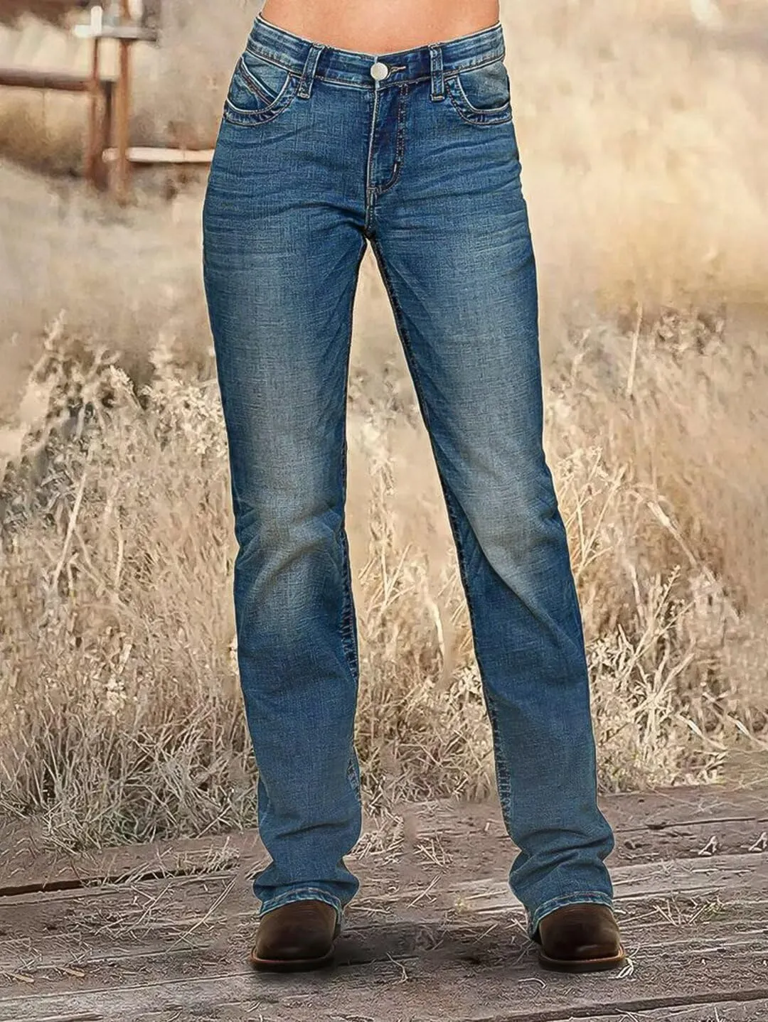 Flamingals Women's Butt Lifting Bootcut Jeans Mid Waist Straight Leg Stretchy Curvy Tummy Control Denim Jeans