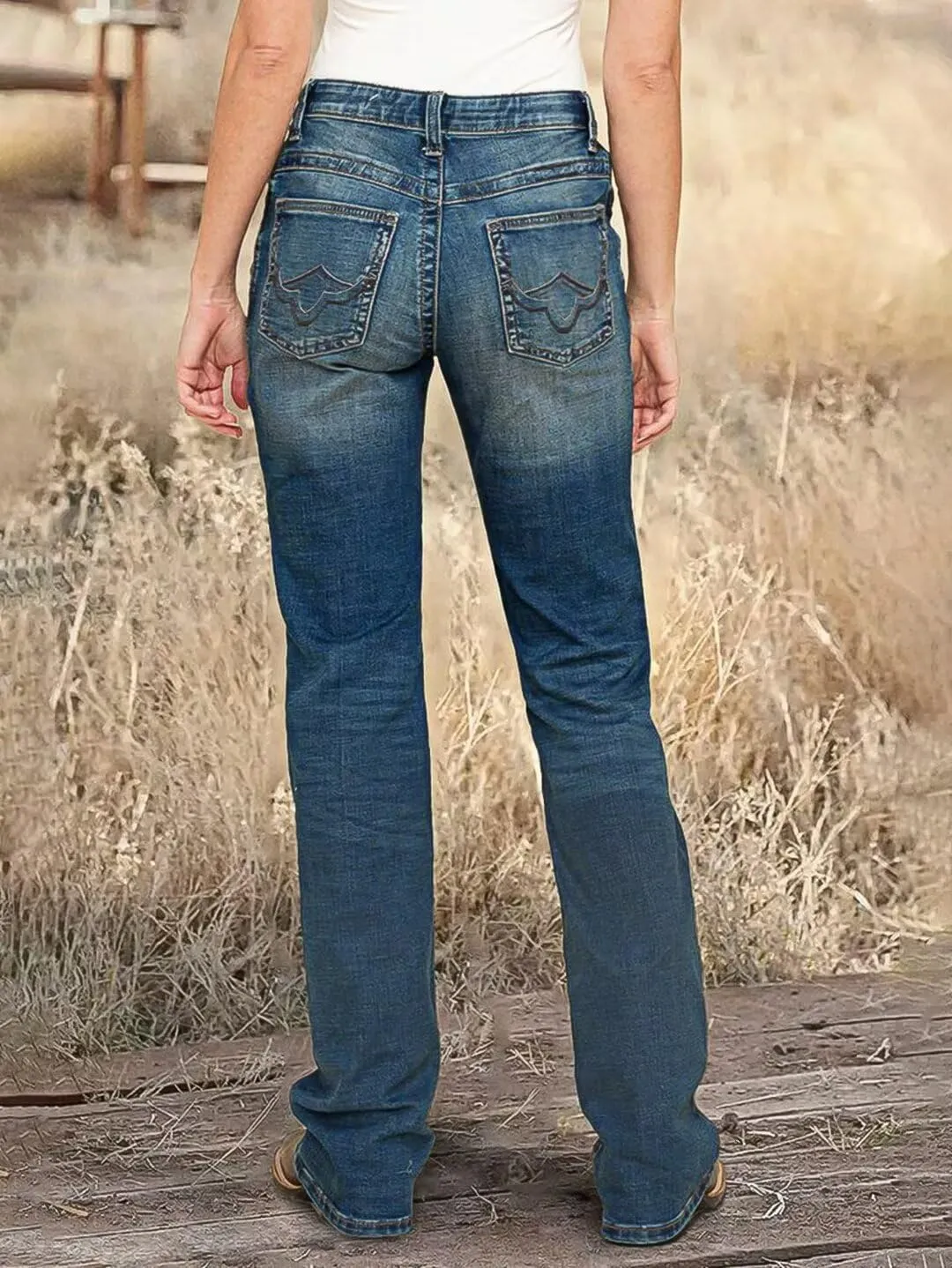 Flamingals Women's Butt Lifting Bootcut Jeans Mid Waist Straight Leg Stretchy Curvy Tummy Control Denim Jeans