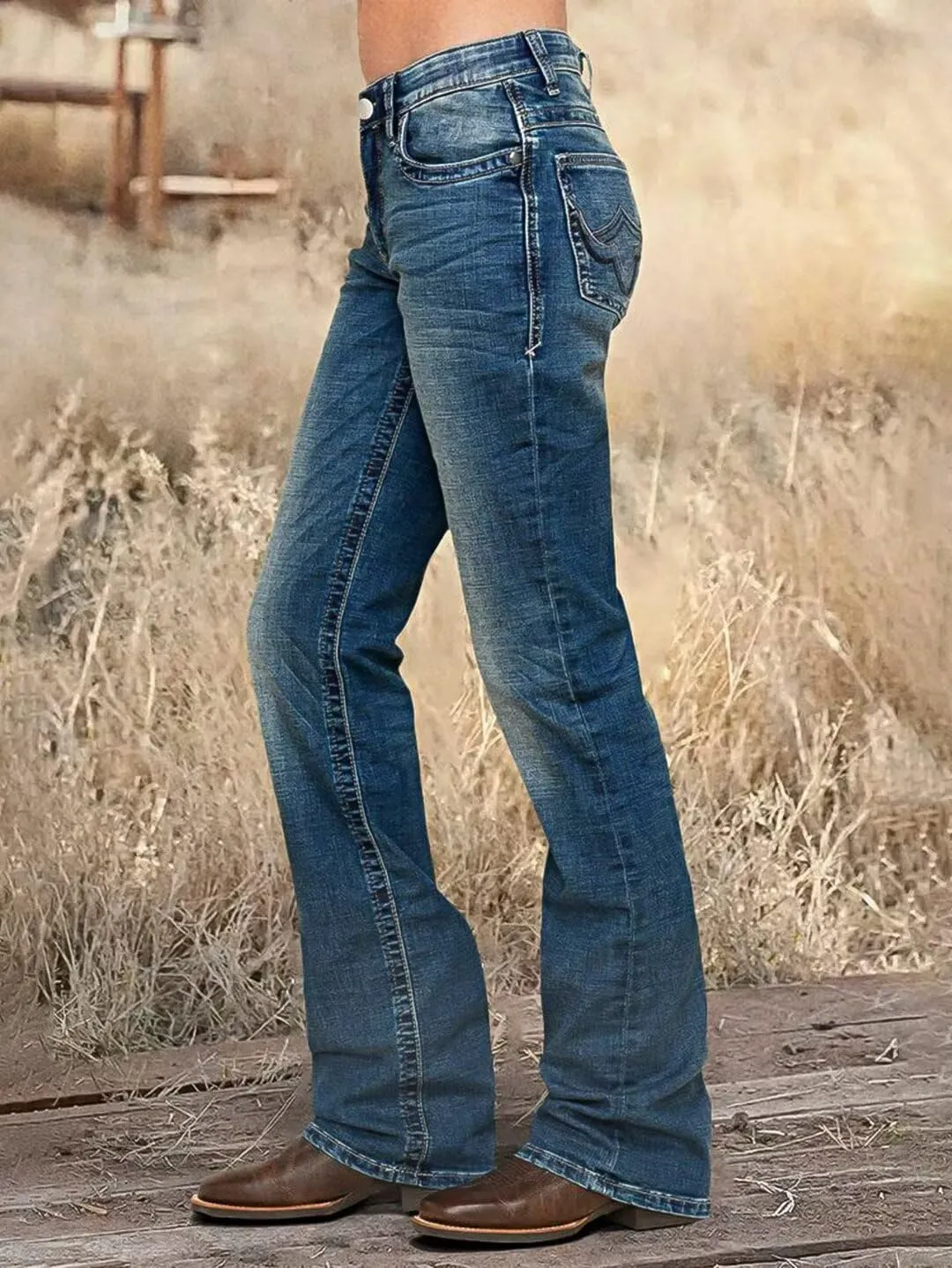 Flamingals Women's Butt Lifting Bootcut Jeans Mid Waist Straight Leg Stretchy Curvy Tummy Control Denim Jeans