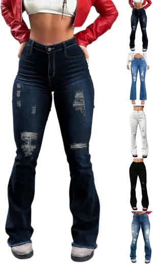 Flare Ripped Jeans Womens Bell Bottom Distressed Jeans Skinny Bootcut Pants High Waisted Denim Pants with Pockets