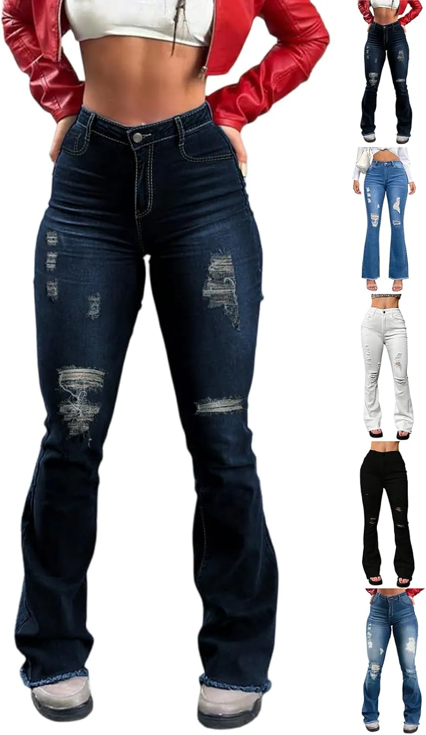 Flare Ripped Jeans Womens Bell Bottom Distressed Jeans Skinny Bootcut Pants High Waisted Denim Pants with Pockets