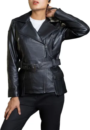 Jild Tailored Stitched Lambskin Leather Jacket Women - Coat Design Lapel Collar Belted Style Motorcycle Jacket Women