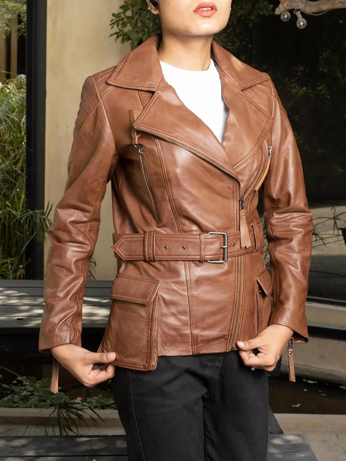 Jild Tailored Stitched Lambskin Leather Jacket Women - Coat Design Lapel Collar Belted Style Motorcycle Jacket Women
