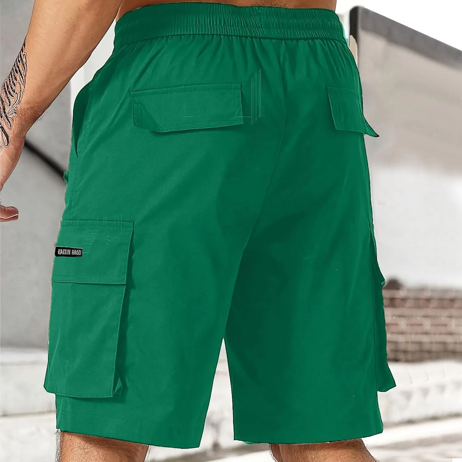 Mens Cargo Shorts Elastic Waist Running Hiking Bermuda Shorts Knee Length Casual Summer Clothes with Pockets