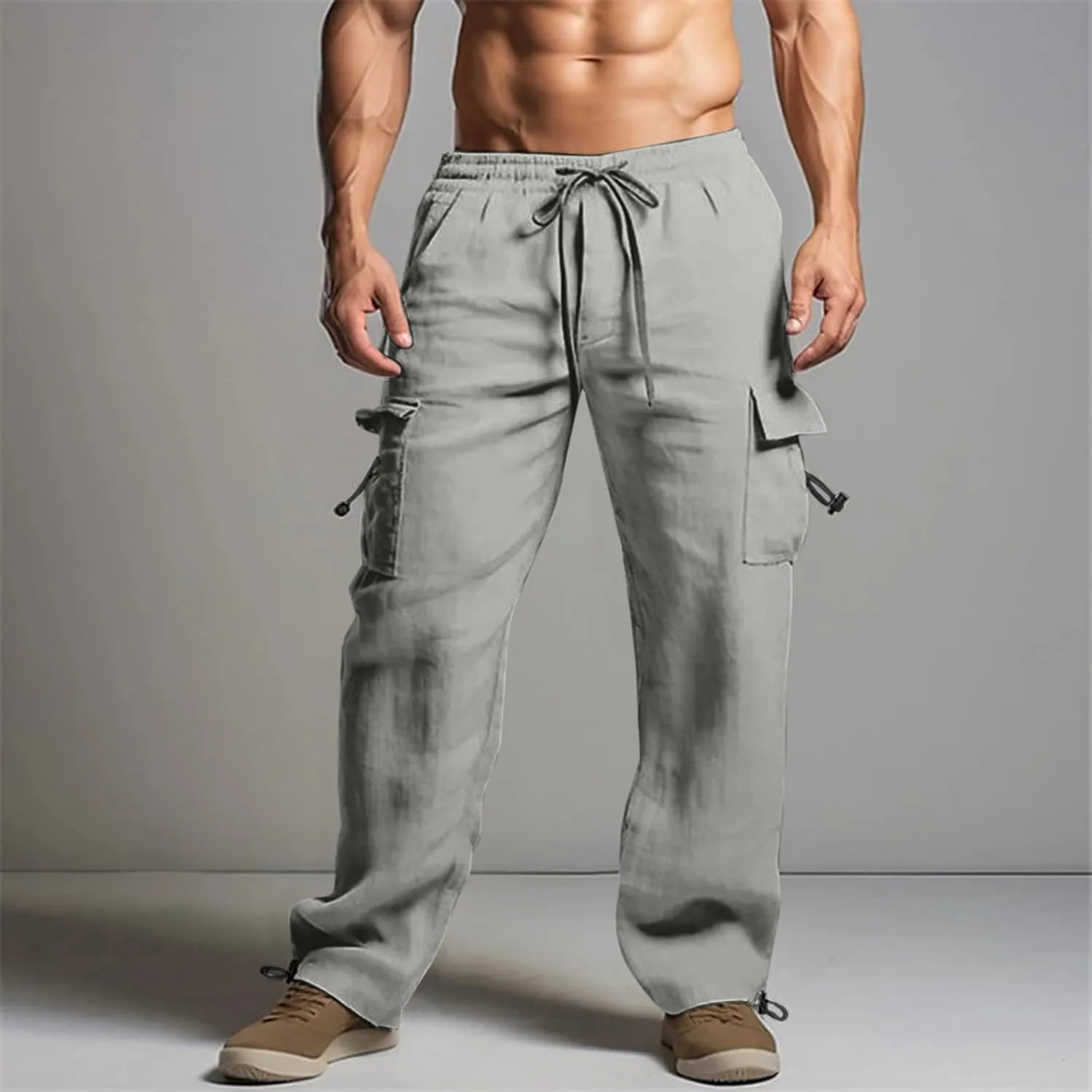 Mens Cotton Linen Cargo Pants Summer Lightweight Beach Yoga Pants with Multi Pockets Athletic Fit Jogging Workout Trousers