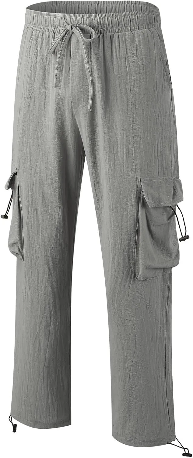 Mens Cotton Linen Cargo Pants Summer Lightweight Beach Yoga Pants with Multi Pockets Athletic Fit Jogging Workout Trousers