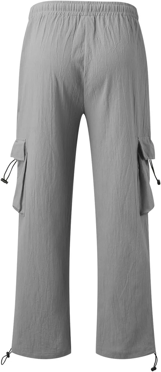 Mens Cotton Linen Cargo Pants Summer Lightweight Beach Yoga Pants with Multi Pockets Athletic Fit Jogging Workout Trousers