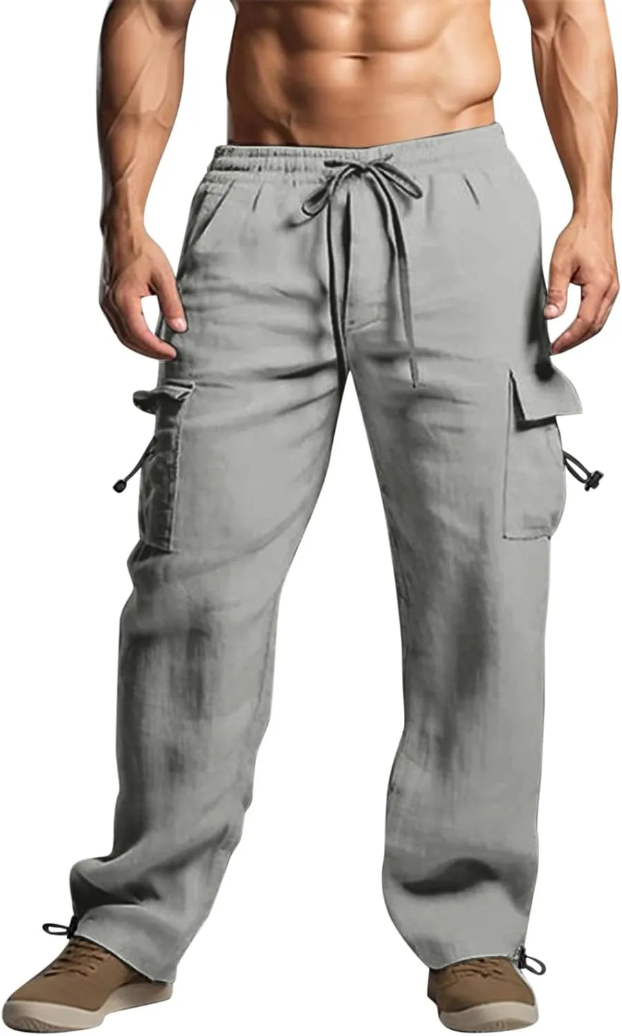 Mens Cotton Linen Cargo Pants Summer Lightweight Beach Yoga Pants with Multi Pockets Athletic Fit Jogging Workout Trousers