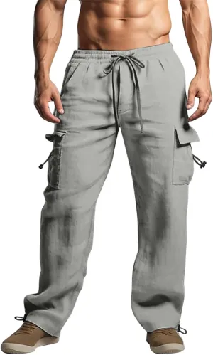 Mens Cotton Linen Cargo Pants Summer Lightweight Beach Yoga Pants with Multi Pockets Athletic Fit Jogging Workout Trousers