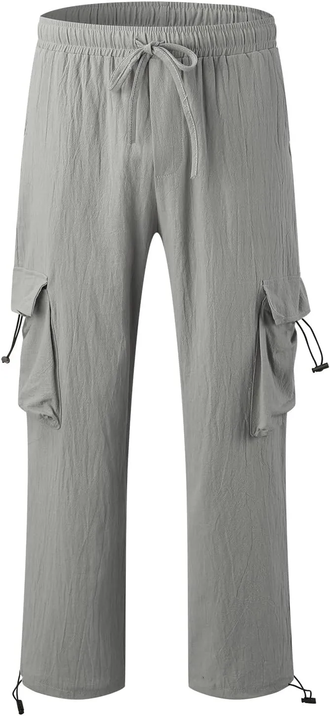 Mens Cotton Linen Cargo Pants Summer Lightweight Beach Yoga Pants with Multi Pockets Athletic Fit Jogging Workout Trousers