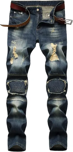 Men's Distressed Ripped Fashion Denim Pants Patched Biker Moto Straight Fit Jeans Slim Fit Casual Streetwear Jeans