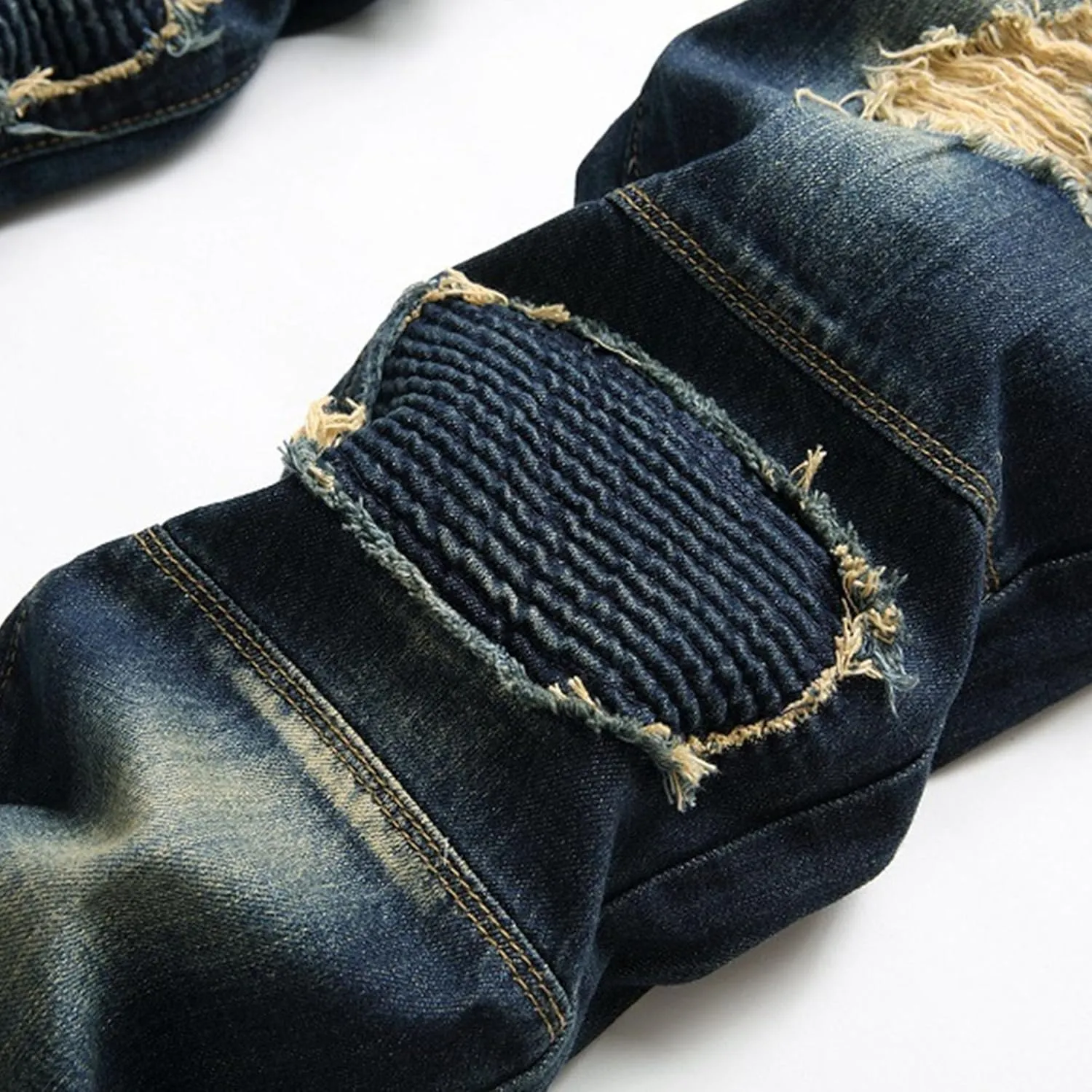 Men's Distressed Ripped Fashion Denim Pants Patched Biker Moto Straight Fit Jeans Slim Fit Casual Streetwear Jeans