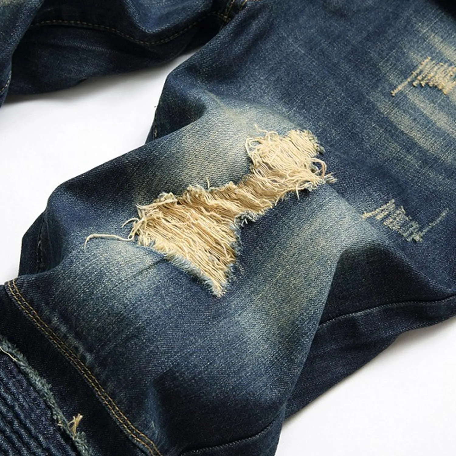 Men's Distressed Ripped Fashion Denim Pants Patched Biker Moto Straight Fit Jeans Slim Fit Casual Streetwear Jeans