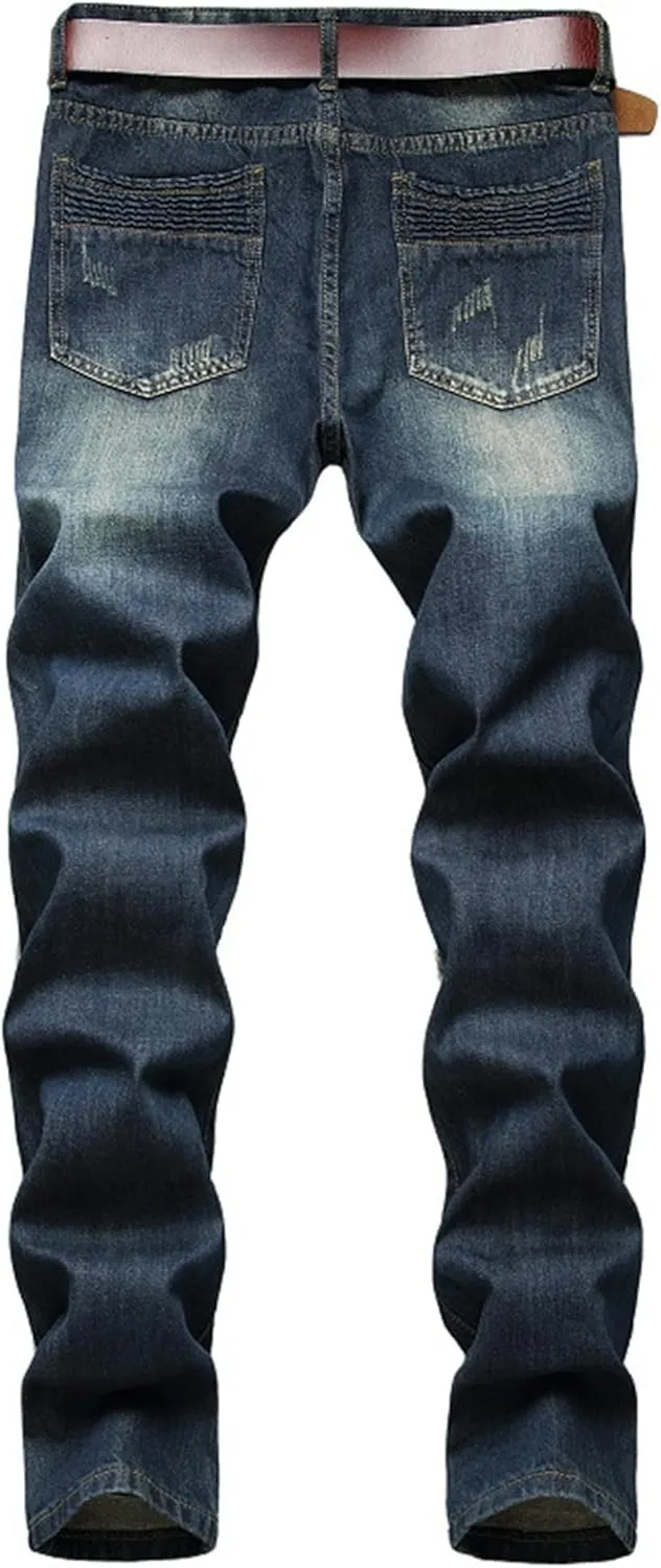 Men's Distressed Ripped Fashion Denim Pants Patched Biker Moto Straight Fit Jeans Slim Fit Casual Streetwear Jeans