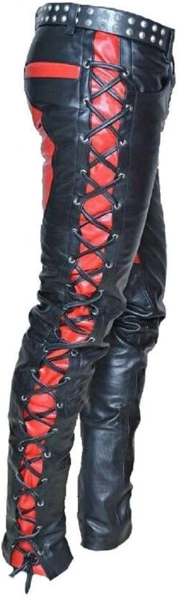 Mens Faux Leather Pants Slim Fit Disco Pants for Men Stretch | Black & Red