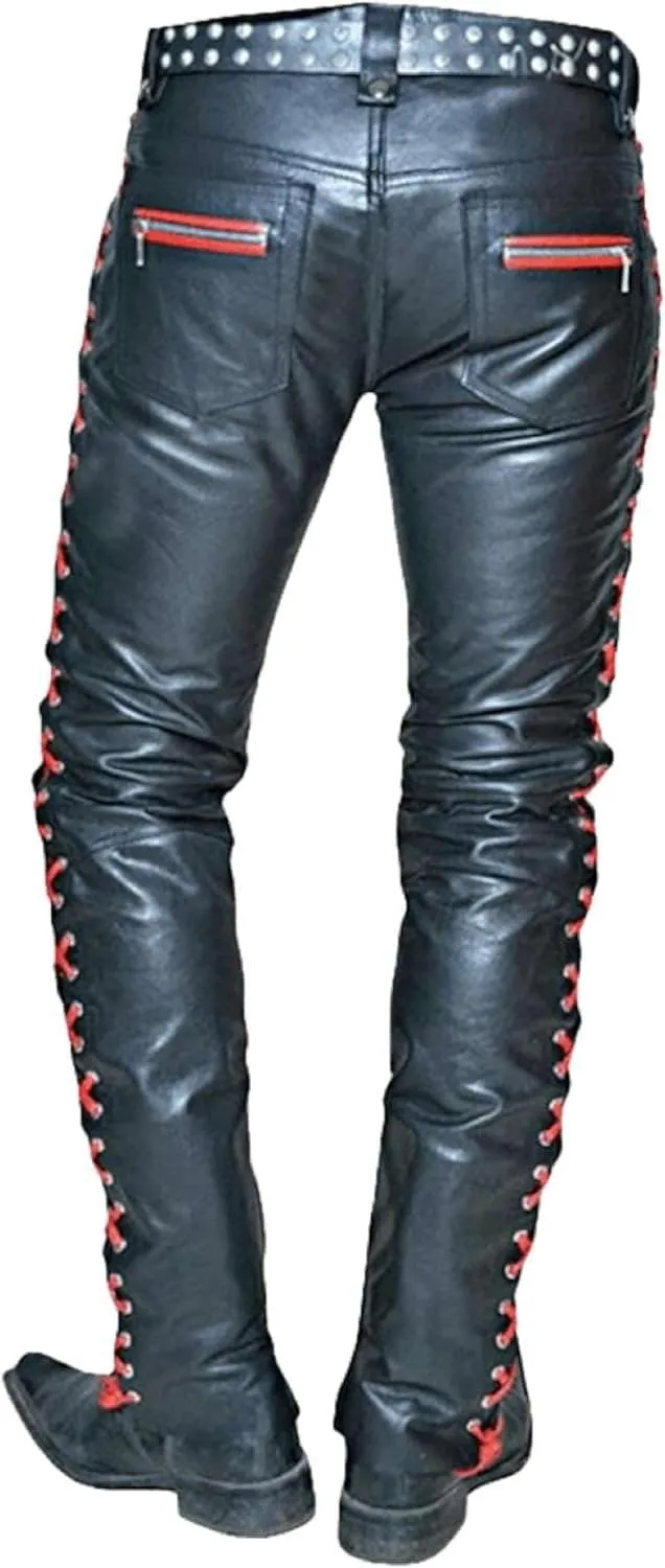 Mens Faux Leather Pants Slim Fit Disco Pants for Men Stretch | Black & Red