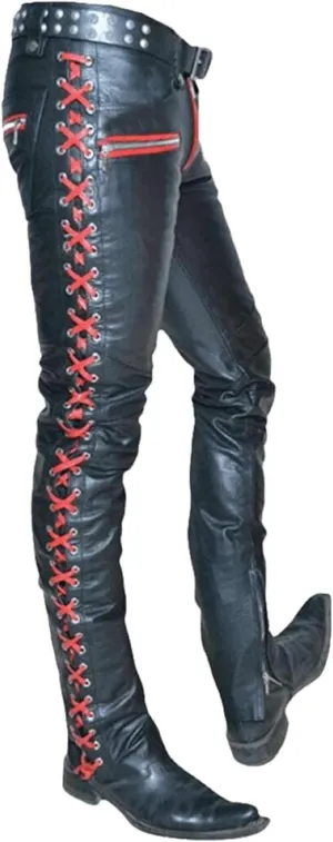 Mens Faux Leather Pants Slim Fit Disco Pants for Men Stretch | Black & Red
