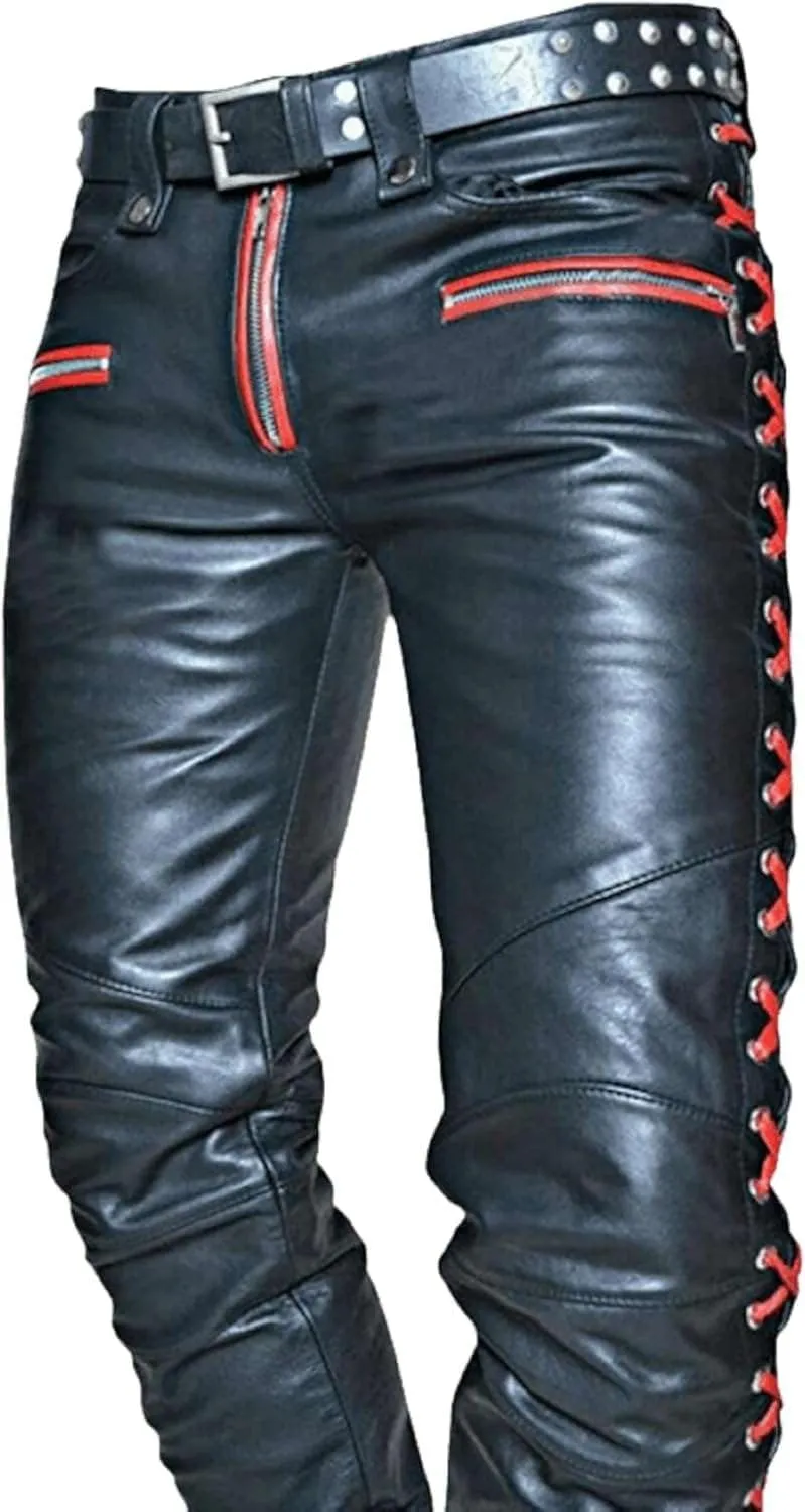 Mens Faux Leather Pants Slim Fit Disco Pants for Men Stretch | Black & Red