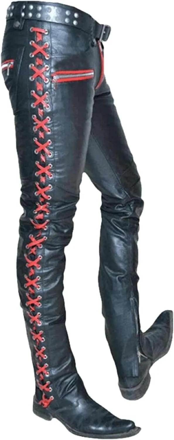 Mens Faux Leather Pants Slim Fit Disco Pants for Men Stretch | Black & Red