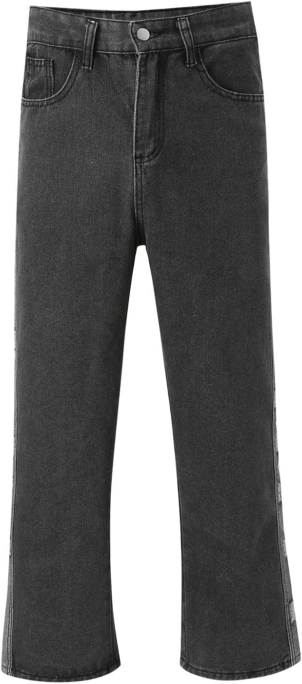 Mens Stacked Jeans Solid Frayed Edges Jeans Wide Leg Straight Denim Pant Y2k Hip Hop Baggy Trousers Cargo Denim Pants