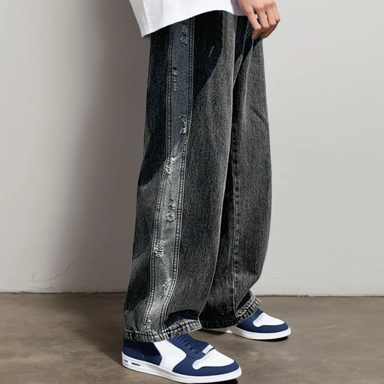 Mens Stacked Jeans Solid Frayed Edges Jeans Wide Leg Straight Denim Pant Y2k Hip Hop Baggy Trousers Cargo Denim Pants