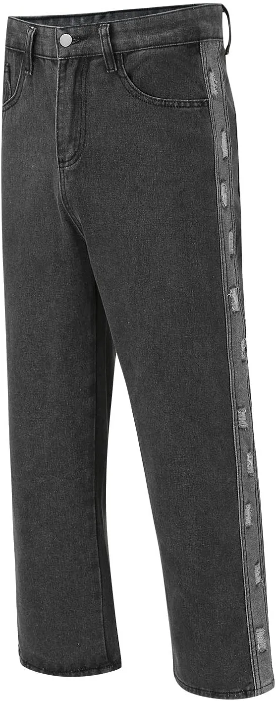 Mens Stacked Jeans Solid Frayed Edges Jeans Wide Leg Straight Denim Pant Y2k Hip Hop Baggy Trousers Cargo Denim Pants
