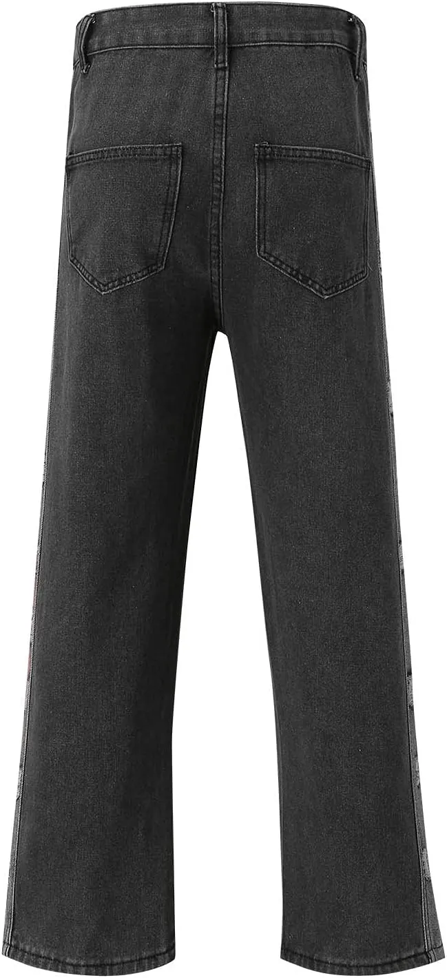 Mens Stacked Jeans Solid Frayed Edges Jeans Wide Leg Straight Denim Pant Y2k Hip Hop Baggy Trousers Cargo Denim Pants