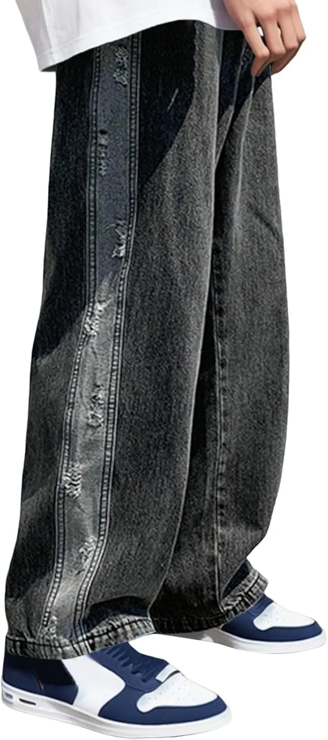Mens Stacked Jeans Solid Frayed Edges Jeans Wide Leg Straight Denim Pant Y2k Hip Hop Baggy Trousers Cargo Denim Pants