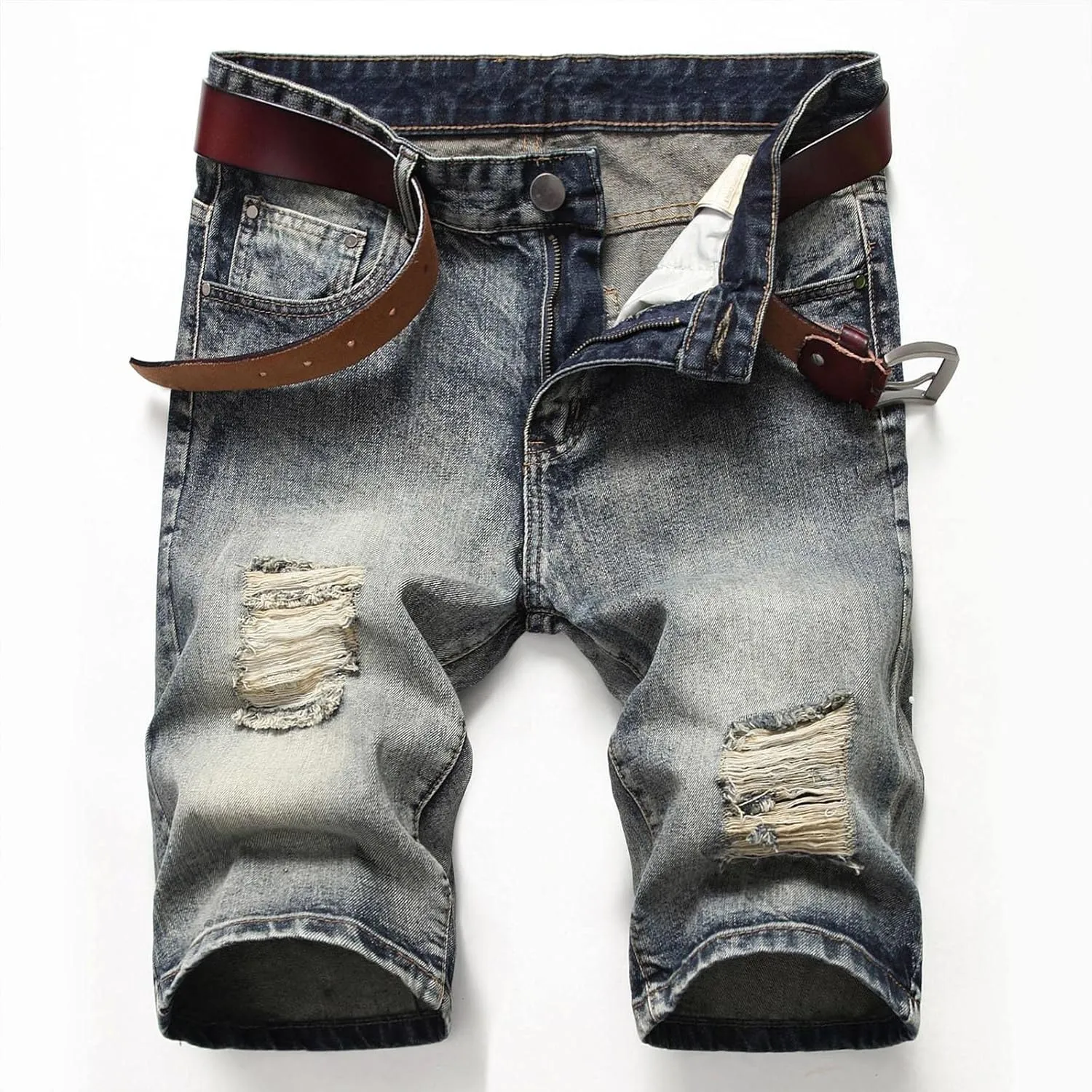 Muscularfit Men's Jean Shorts Distressed Straight Fit Ripped Denim Shorts with Broken Hole Causal Summer Work Linen Shorts