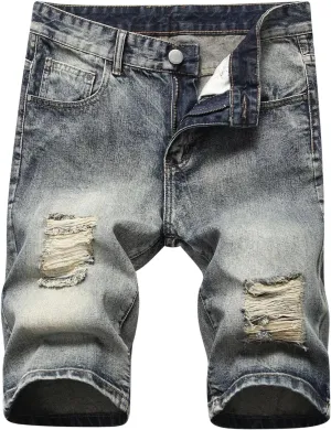 Muscularfit Men's Jean Shorts Distressed Straight Fit Ripped Denim Shorts with Broken Hole Causal Summer Work Linen Shorts