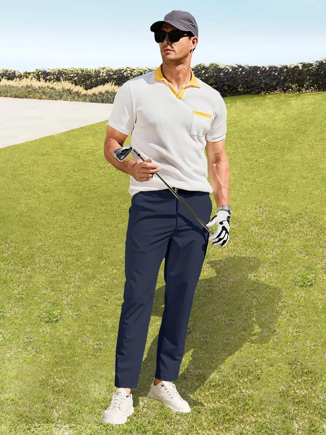 PLEPAN Men's Stretch Dress Pants Slim Fit Casual Suit Pants Expandable Waist Golf Pants
