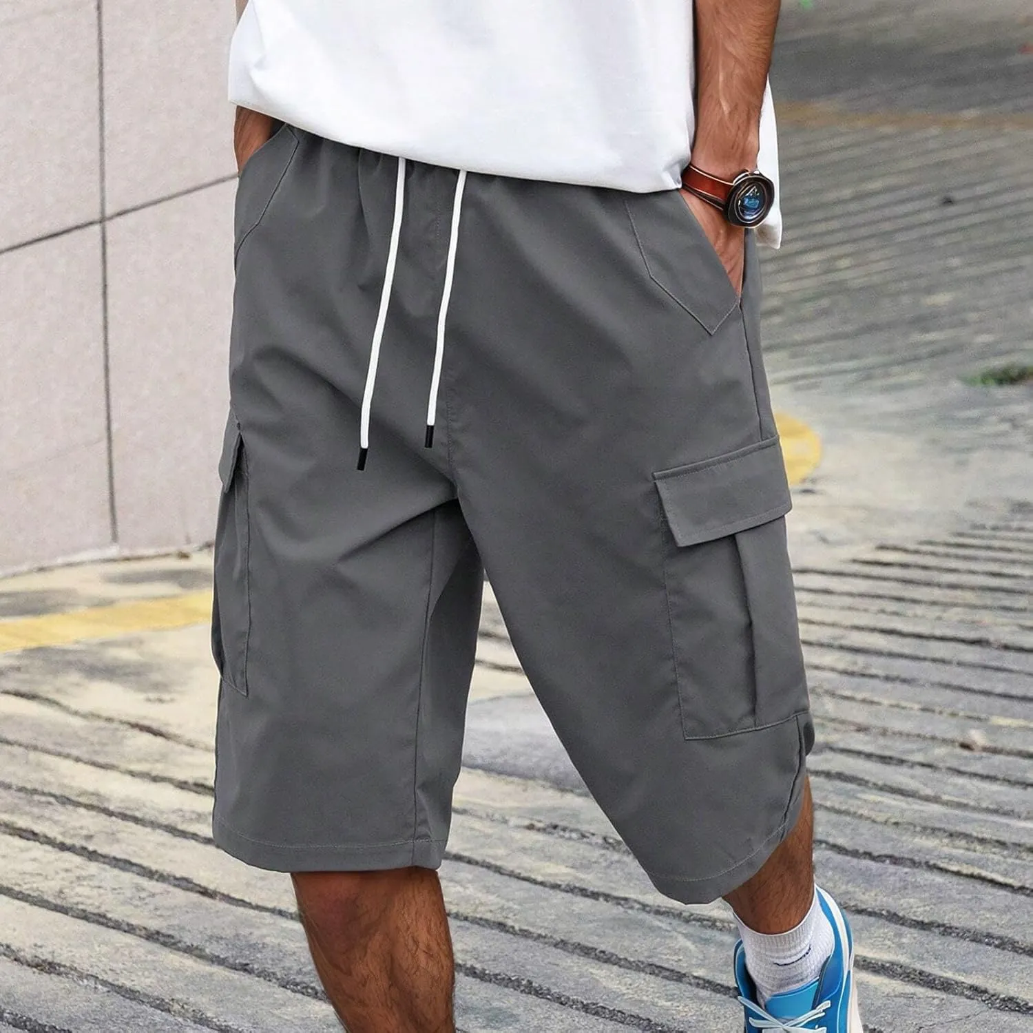 Shorts for Men 2025 Summer Casual Breathable Solid Color Elastic High Waist Pocket Mens Cargo Shorts