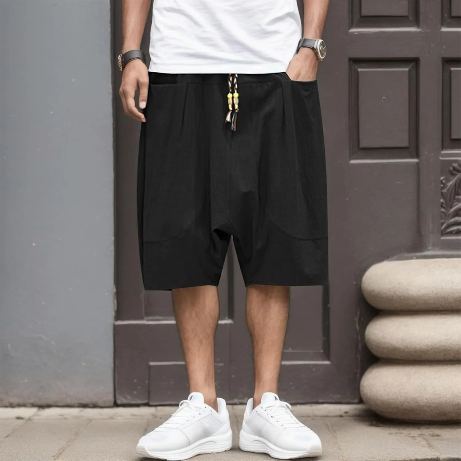 SUWBMHWE Biking Shorts for Men, Mens Summer Fashion Casual Cotton Cropped Pants Loose Low Crotch Harem Pants