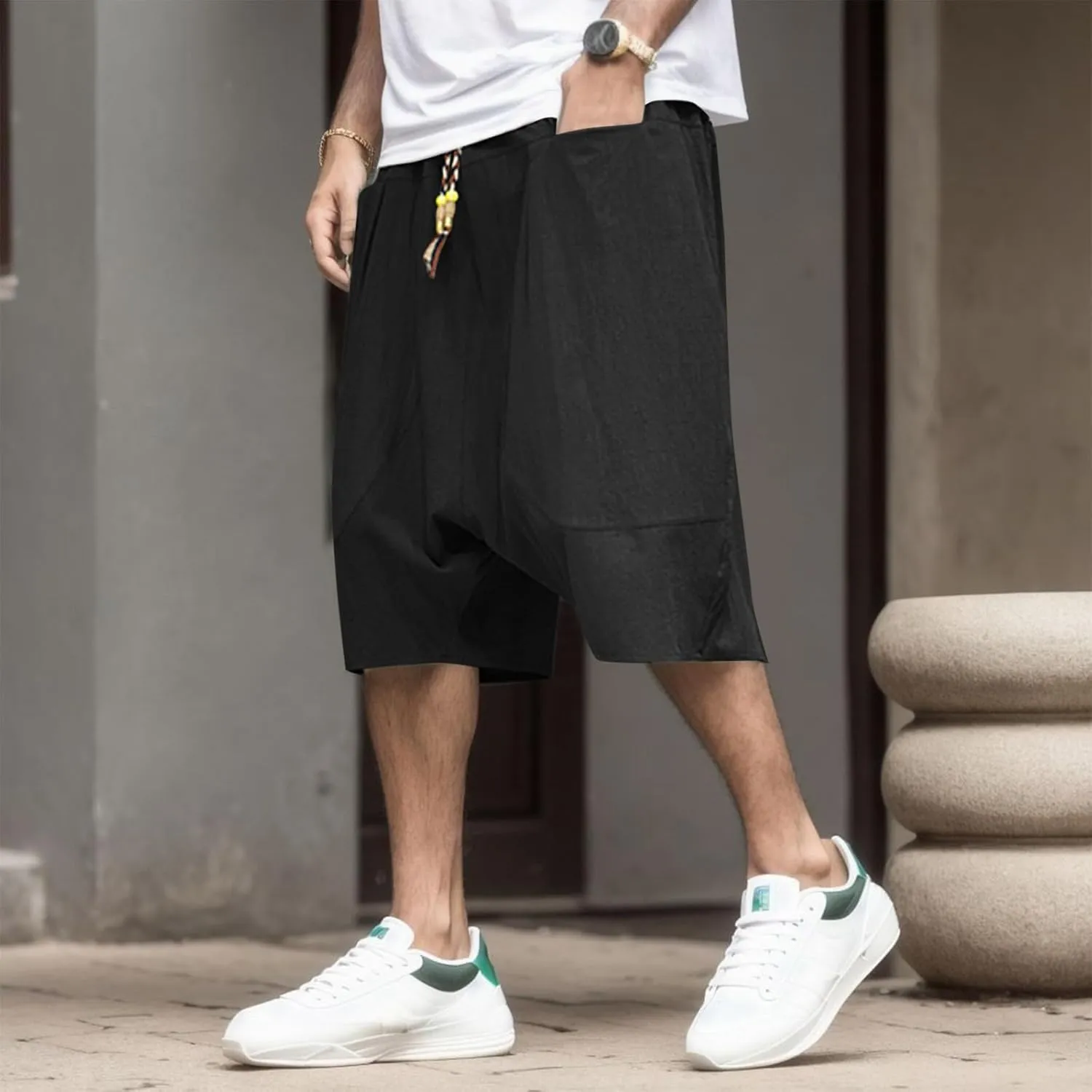 SUWBMHWE Biking Shorts for Men, Mens Summer Fashion Casual Cotton Cropped Pants Loose Low Crotch Harem Pants