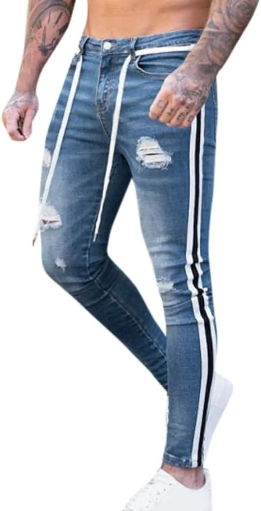 SUWBMHWE Mens Jeans Slim Fit,Mens Ripped Stretch Distressed Destroyed Jeans Skinny Jeans Side Striped Denim Pants