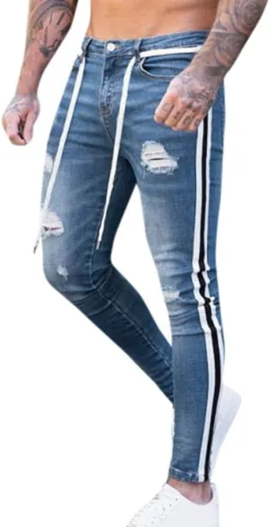 SUWBMHWE Mens Jeans Slim Fit,Mens Ripped Stretch Distressed Destroyed Jeans Skinny Jeans Side Striped Denim Pants