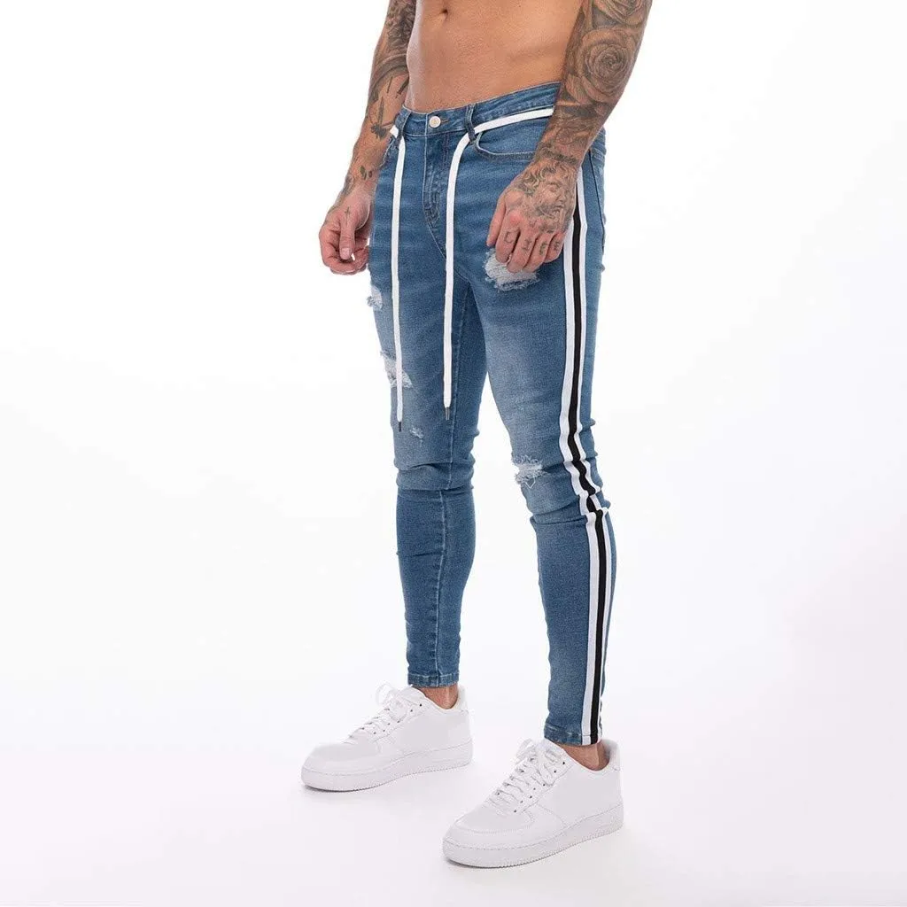 SUWBMHWE Mens Jeans Slim Fit,Mens Ripped Stretch Distressed Destroyed Jeans Skinny Jeans Side Striped Denim Pants