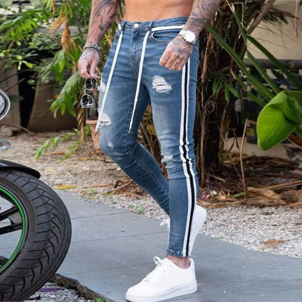 SUWBMHWE Mens Jeans Slim Fit,Mens Ripped Stretch Distressed Destroyed Jeans Skinny Jeans Side Striped Denim Pants