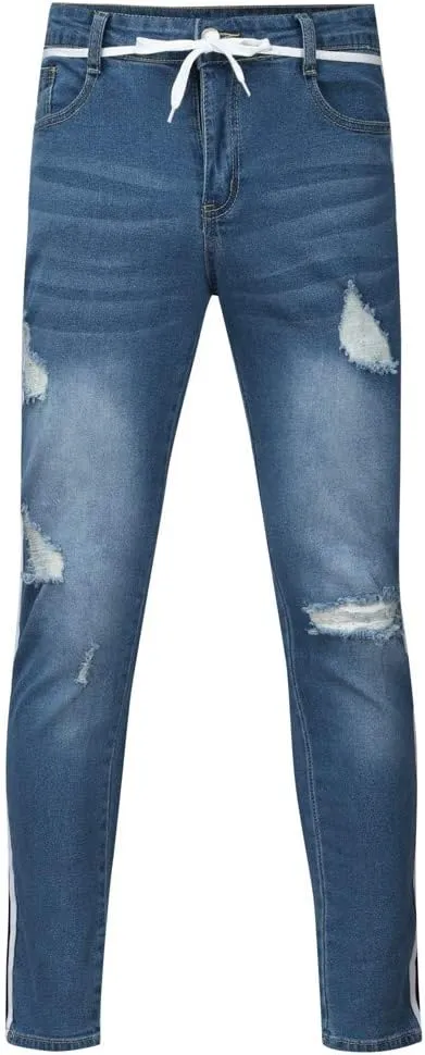SUWBMHWE Mens Jeans Slim Fit,Mens Ripped Stretch Distressed Destroyed Jeans Skinny Jeans Side Striped Denim Pants
