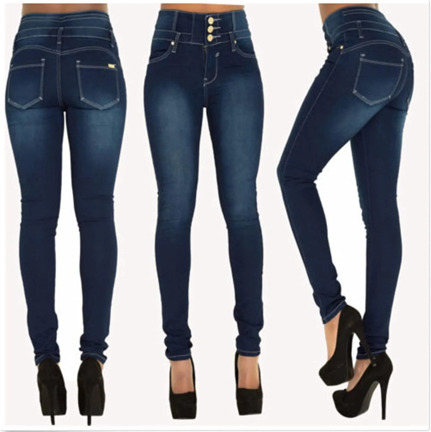 Women Button High Waist Skinny Jeans Colombian Design Butt Lift Denim Pants Stretch High Rise Skinnys Trousers (XX-Large,Dark Blue 2)