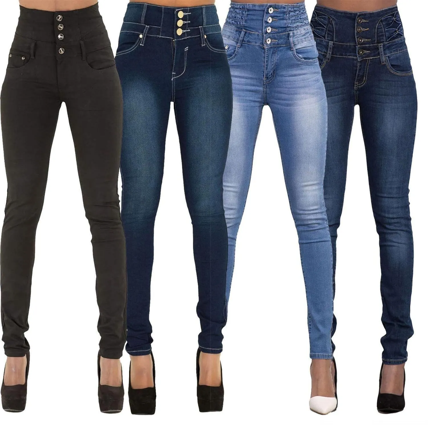 Women Button High Waist Skinny Jeans Colombian Design Butt Lift Denim Pants Stretch High Rise Skinnys Trousers (XX-Large,Dark Blue 2)