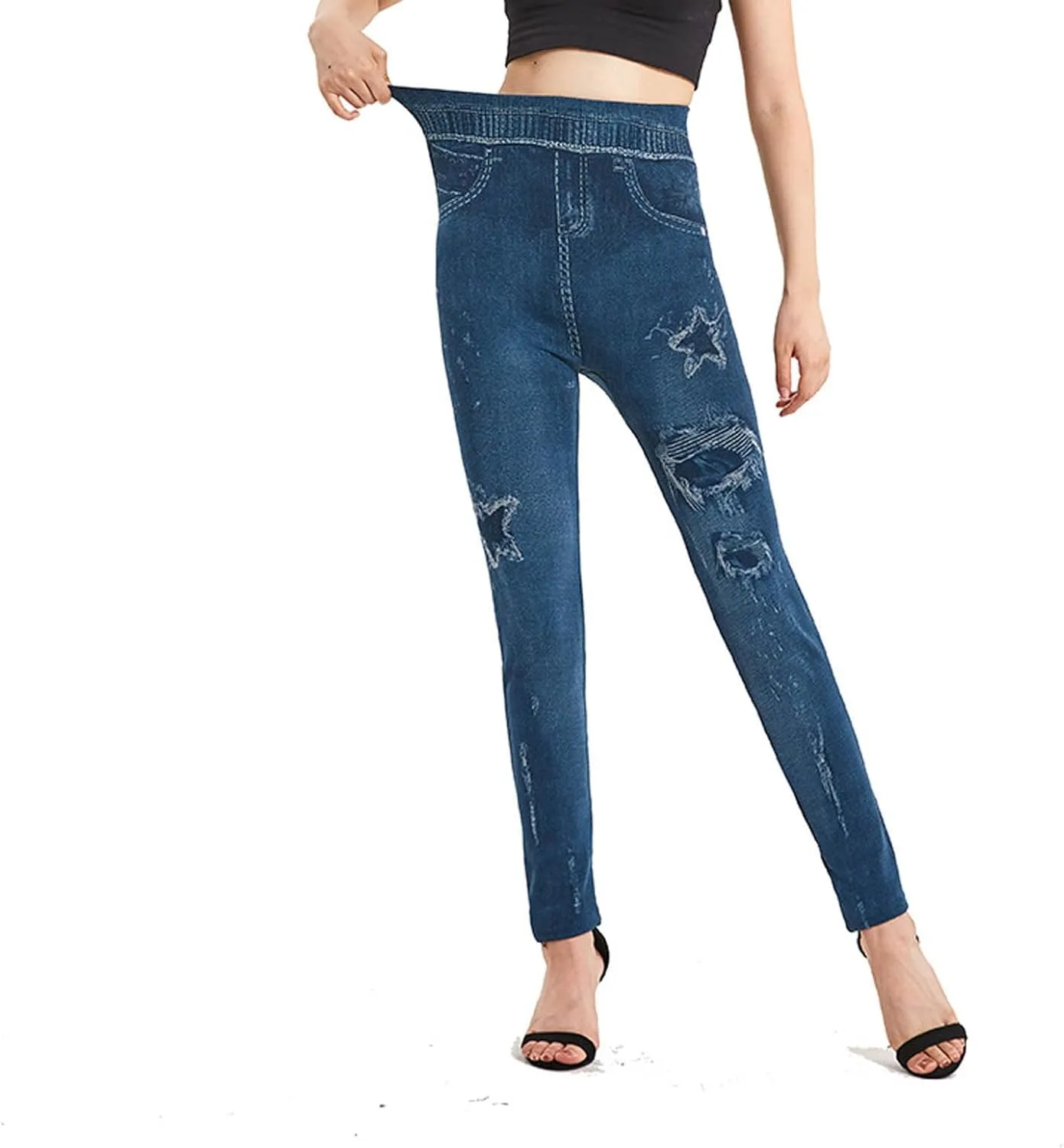 Women Faux Denim Jeggings High Waist Elastic Skinny Control Belly Leggings Fashion Summer Bottoms