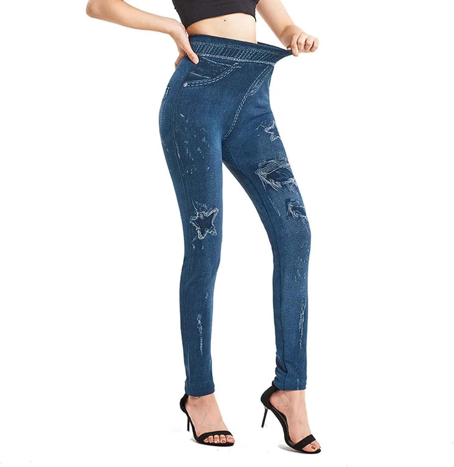 Women Faux Denim Jeggings High Waist Elastic Skinny Control Belly Leggings Fashion Summer Bottoms