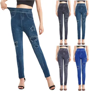 Women Faux Denim Jeggings High Waist Elastic Skinny Control Belly Leggings Fashion Summer Bottoms