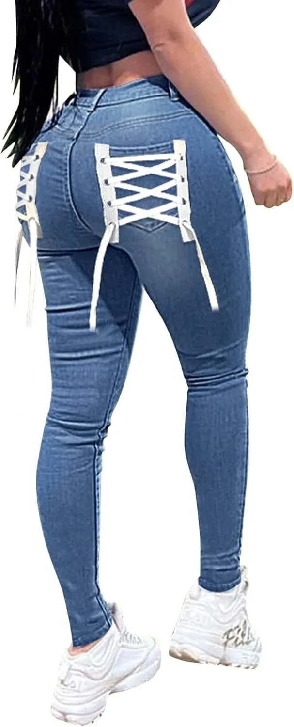 Womens Classic Skinny Jeans Ripped Distressed High Rise Pull On Skinny Leg Slimming Fitted Denim Ankle Jeans Pants